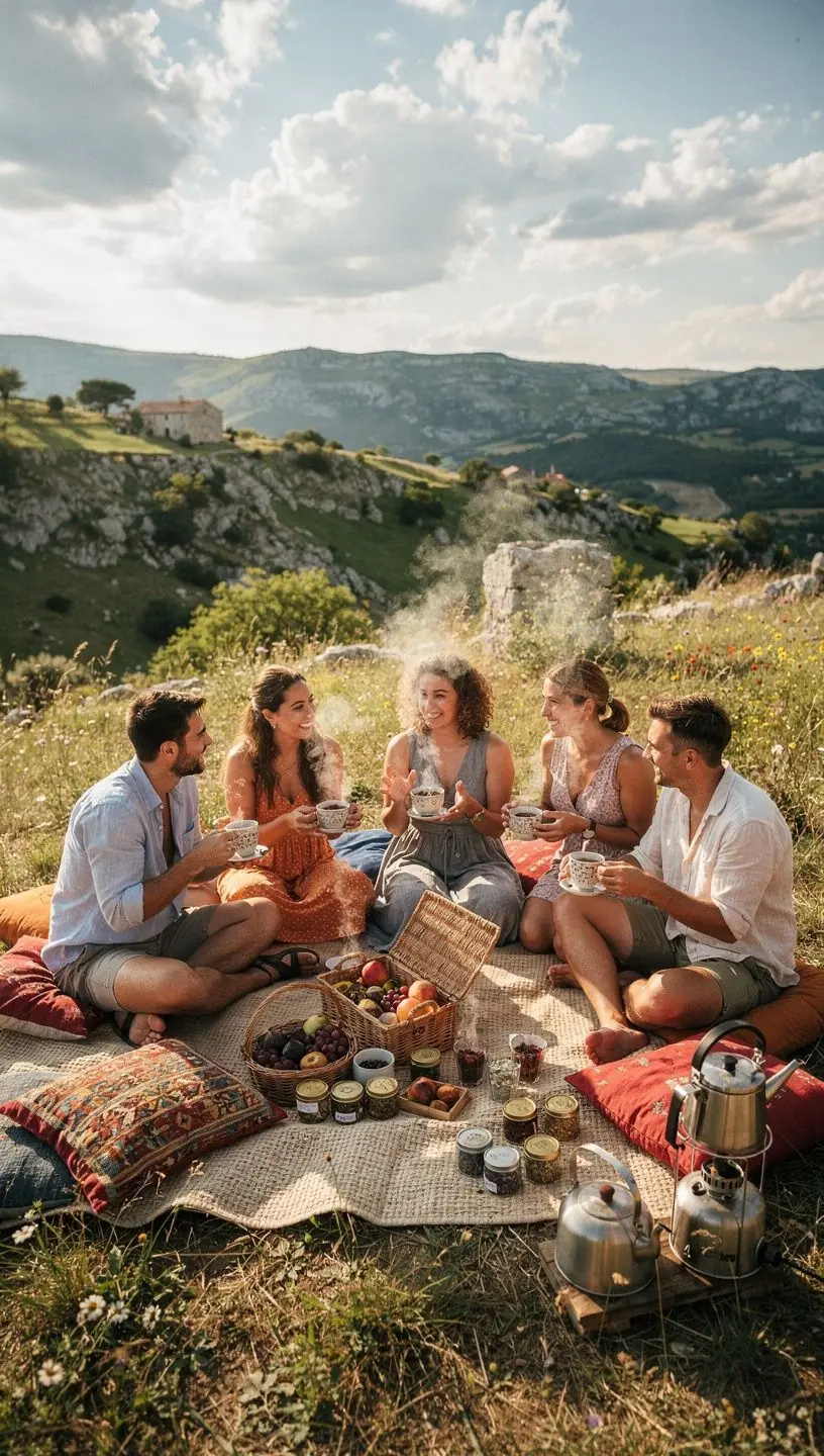 Mješavina suhog bilja na stolu s drvenim žlicama i staklenim posudama.