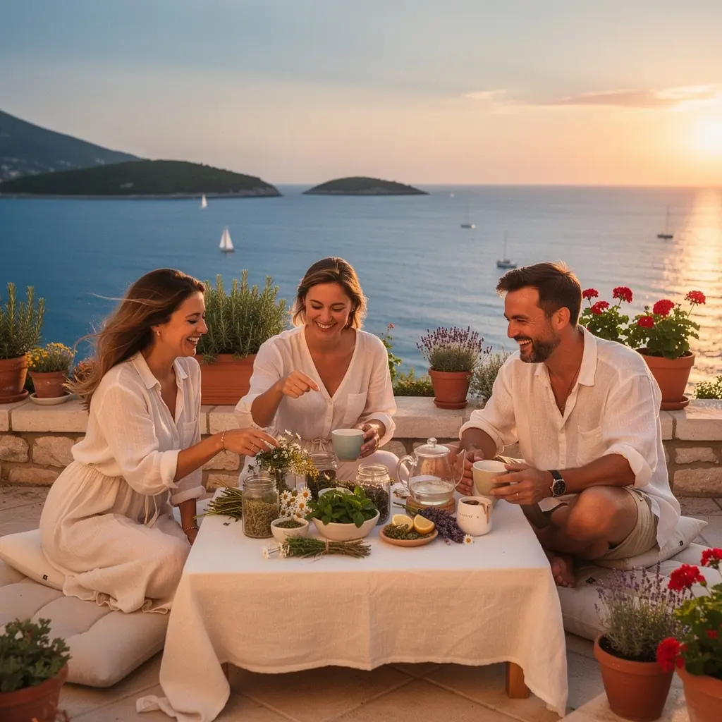 Čajnik s vrućim čajem na stolu, uz svježe ubrane biljke iz vrta.