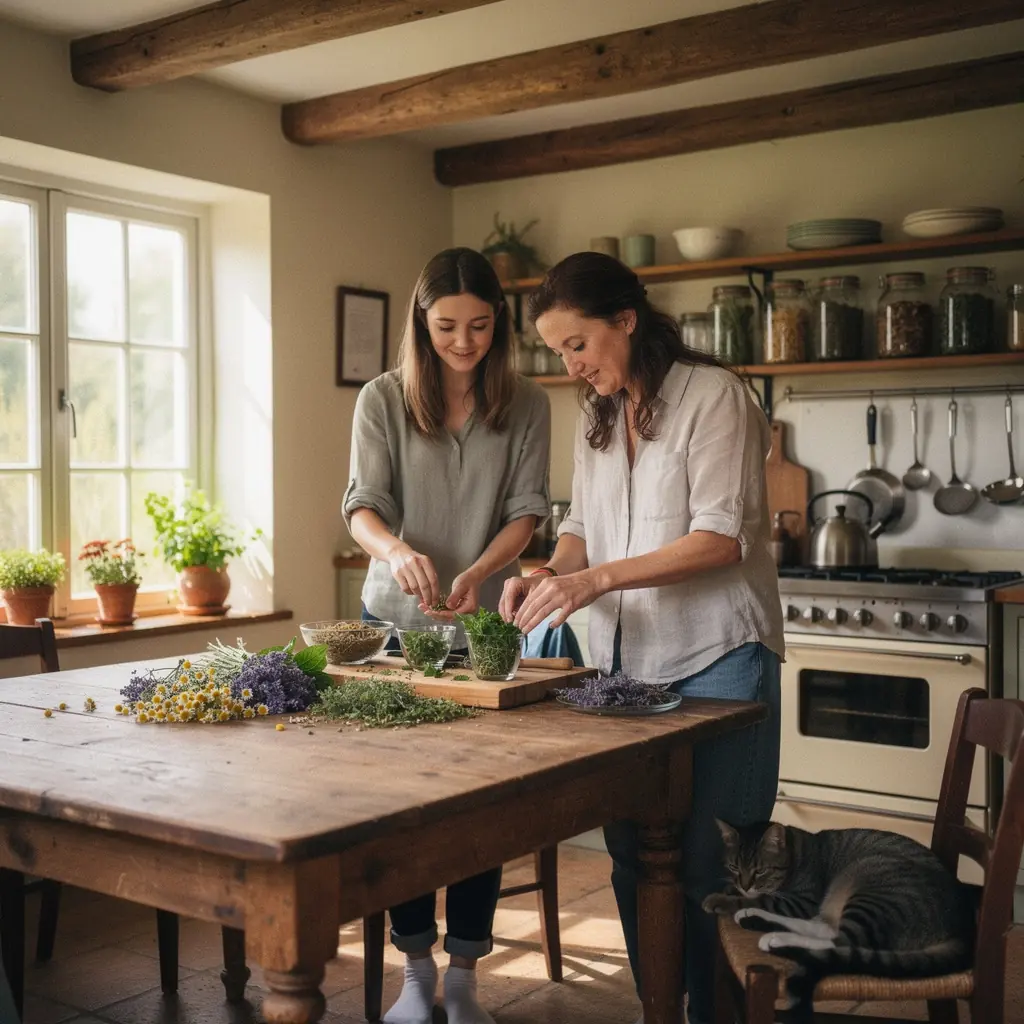 Šalica mirisnog čaja na drvenom stolu uz svijeće i suhe cvjetove.