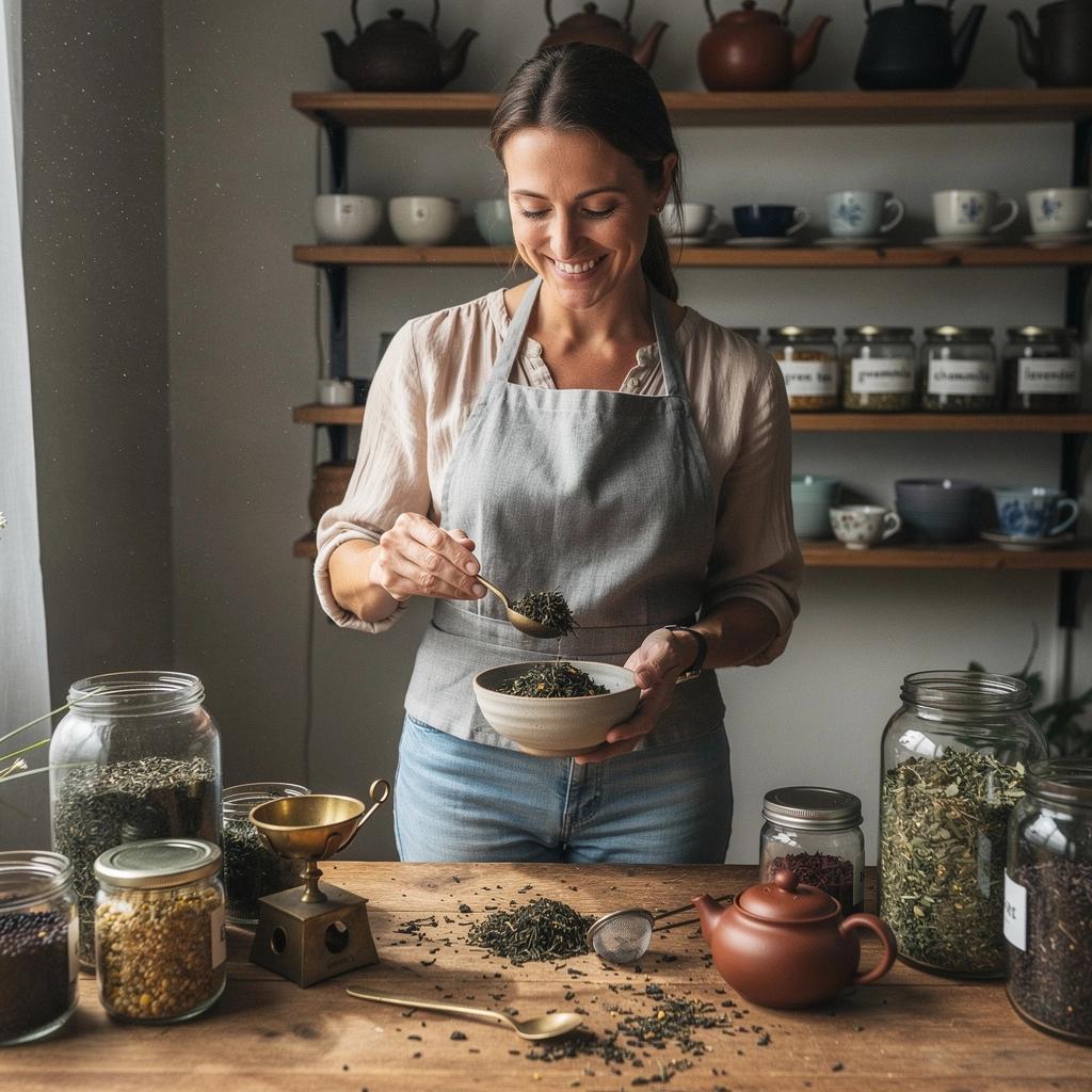 Biljni čaj u šalici s cvjetnim motivima, okružen svježim voćem.